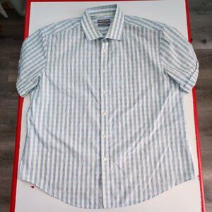 Geoffrey Beene short sleeve shirt men's size 17.5" white w blue stripes slim fit